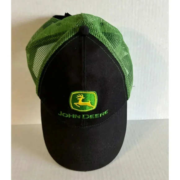 John Deere Mens Black Green Mesh Trucker Hat Cap OSFA Embroidered Logo Snapback - Picture 1 of 5